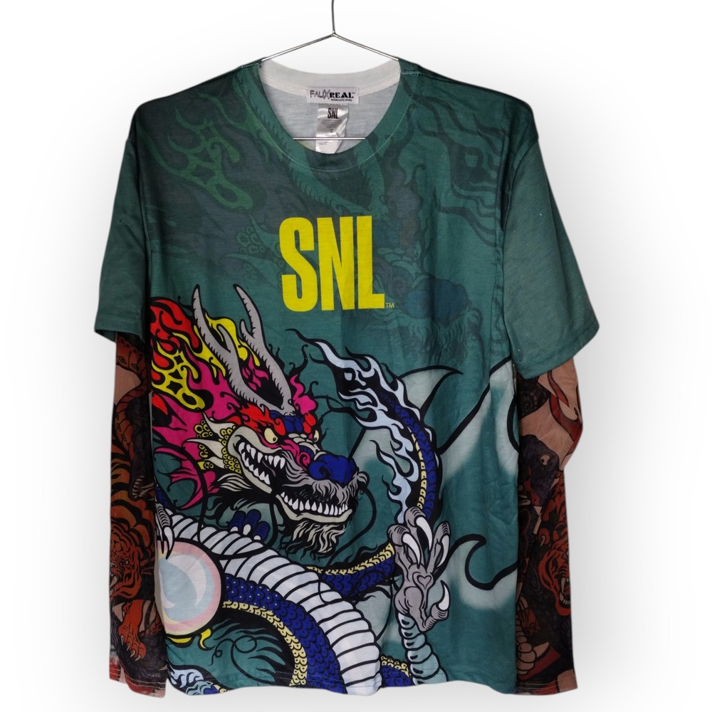 SNL "Stefon" Tee Sz M Graphic T Shirt Tattoo Sleeve‎ Illusion Dragon Faux Real